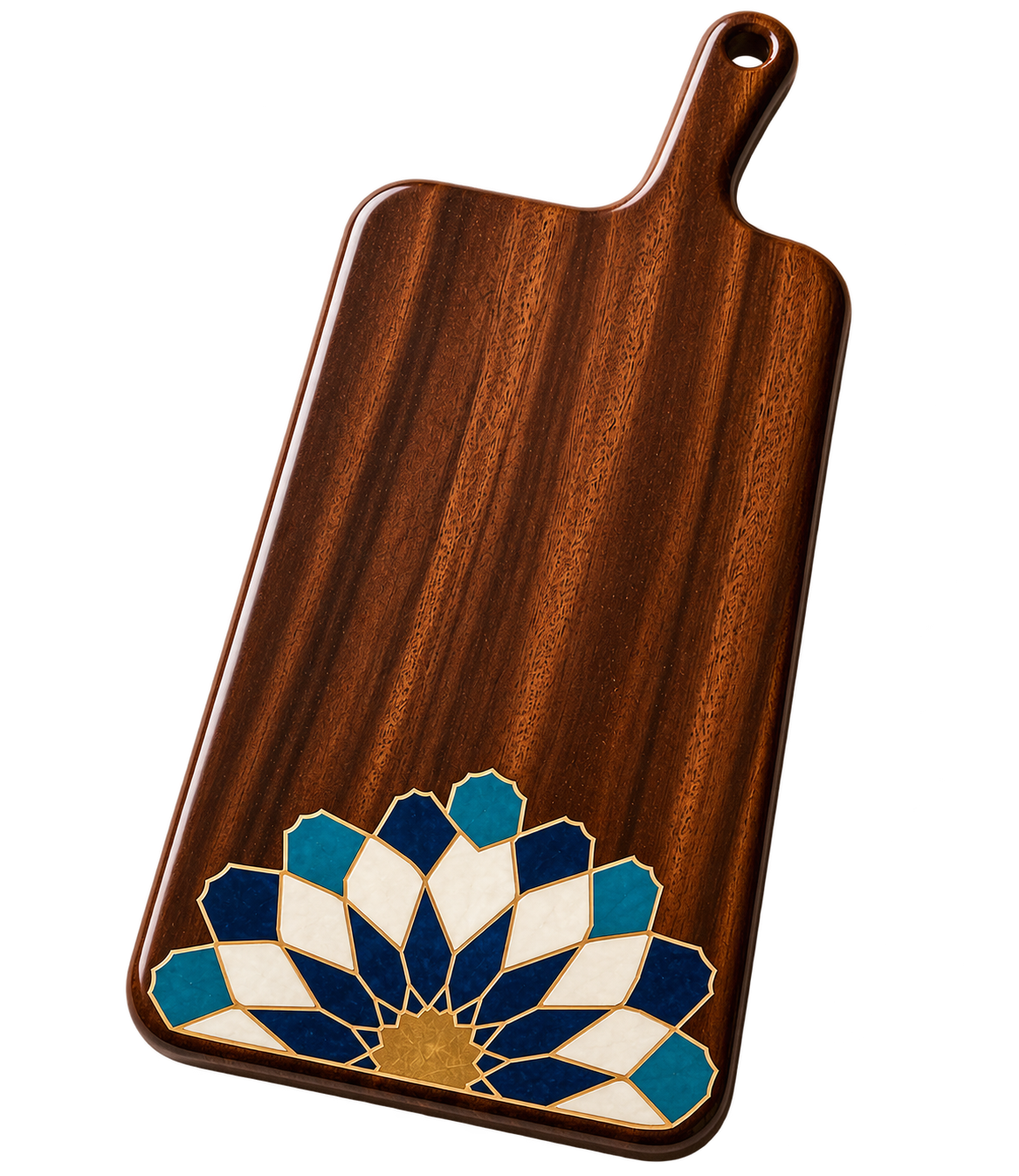 A hand-finished walnut serving board with mosaic inlay by Jad Aoujil